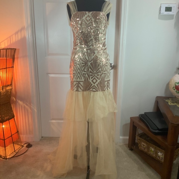 Champagne Sequin Mermaid Hem Evening Formal Gown Size Large - Picture 12 of 12